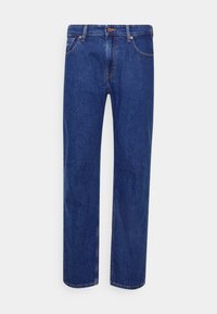 Jeans in denim blu con taglio dritto. Presentano una chiusura con bottone e cerniera, cinque tasche e dettagli di cucitura a contrasto.