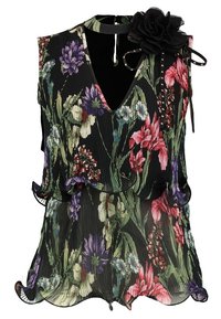 Top floreale plissettato senza maniche nero con fiori multicolore, scollo a V, dettagli arricciati e un fiore nero staccabile.