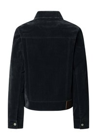 Giacca nera in velluto a coste con collo classico, maniche lunghe e taglio dritto. Design minimalista con dettagli di cucitura discreti.