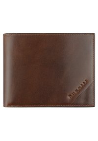 Portefeuille en cuir marron avec une surface lisse, présentant un coin texturé et un logo de marque embossé. Design pliable avec des coutures visibles.