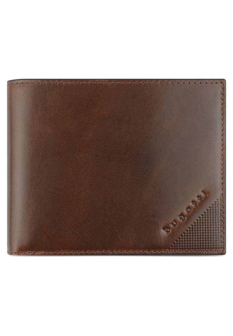 Portefeuille en cuir marron avec une surface lisse, présentant un coin texturé et un logo de marque embossé. Design pliable avec des coutures visibles.