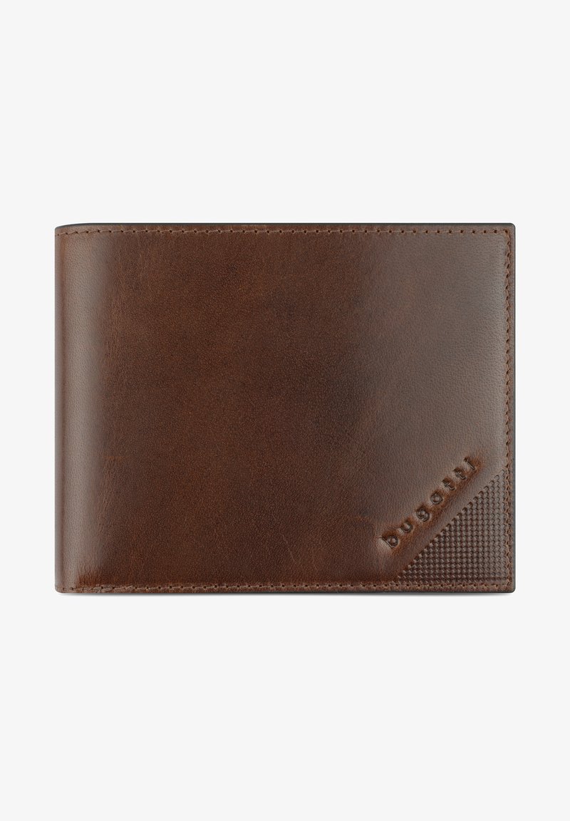 Portafoglio in pelle marrone con superficie liscia, dotato di un angolo testurizzato e logo del marchio impresso. Design bi-fold con cuciture visibili.