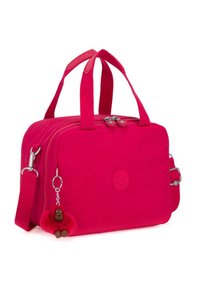 Roze stoffen tas met dubbele handvatten, een afneembare schouderband en zilveren hardware. Bevat een bontvolle aap sleutelhanger en logo-detail.