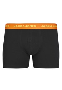 Zwarte boxershorts met een oranje elastische tailleband met de tekst "JACK & JONES". De stof lijkt soepel met een aansluitend ontwerp.