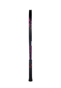 Black tennis racquet with a textured grip, featuring pink and white graphics on the frame, designed for optimal performance.