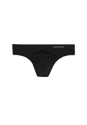 Czarny stringi wykonane z gładkiego materiału, o minimalistycznym designie oraz szerokim elastycznym pasku w talii z logo "intimissimi".