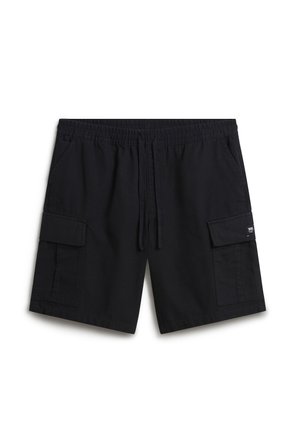 Sorte cargoshorts med elastisk talje, snøre, sidelommer med klap og to lommer foran, vist på en helt hvid baggrund.