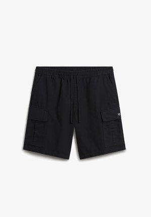 Shorts cargo noirs avec ceinture élastique, cordon de serrage, poches à rabat sur les côtés et deux poches avant, présentés sur un fond blanc uni.