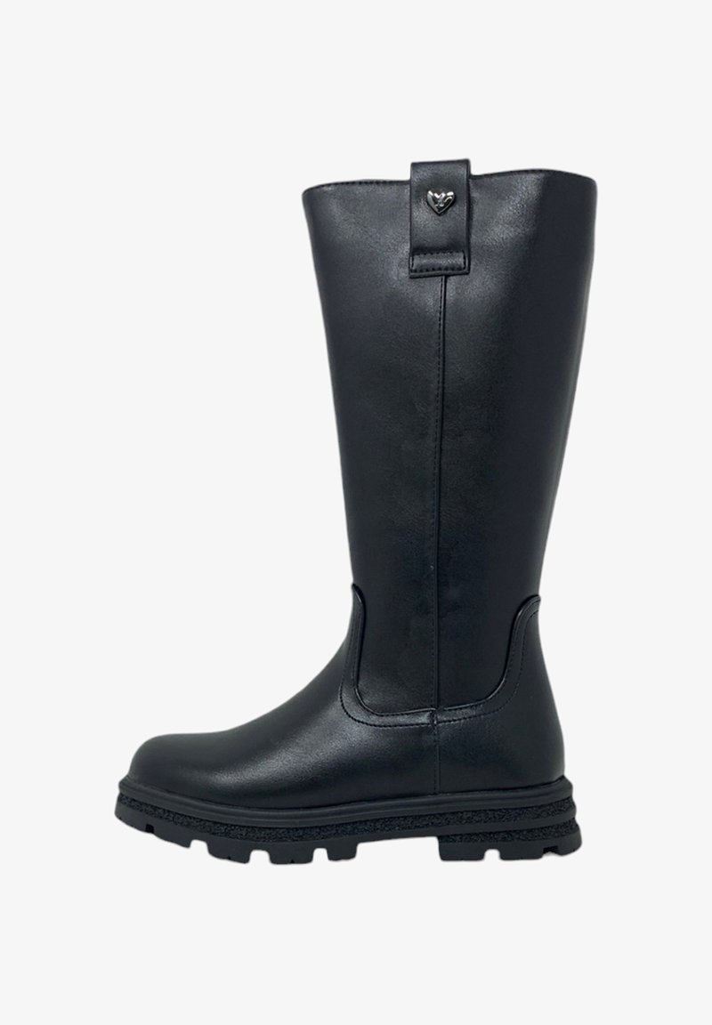 Stivali neri al ginocchio con una finitura in pelle liscia, punta rotonda, suola testurizzata a contrasto e un piccolo accento a forma di cuore sulla fascetta.