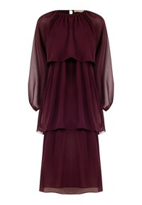 Lungo abito in chiffon borgogna con corpetto a strati, maniche lunghe trasparenti, scollatura arricciata e gonna di lunghezza midi.