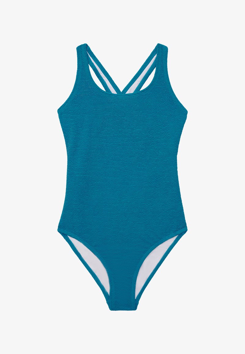 Tyrkysový jednodielny plavky s textúrovaným povrchom, s prekríženými ramienkami na chrbte, so štandardným strihom a bielou podšívkou vo vnútri.