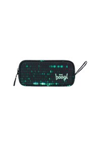 Astuccio nero con un motivo binario digitale verde, dotato di chiusura con cerniera e un anello laterale per un facile trasporto.