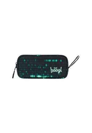 Astuccio nero con un motivo binario digitale verde, dotato di chiusura con cerniera e un anello laterale per un facile trasporto.