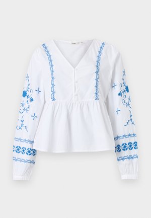 Λευκό μπλουζάκι με μακριά μανίκια, V-λαιμόκοψη, μπλε λουλουδένιο κέντημα στα μανίκια και στο μπροστινό μέρος, κουμπωτή πατιλέτα και σφηκοφωλιά στη μέση.