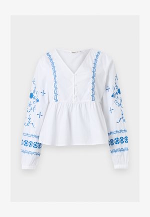 Λευκό μπλουζάκι με μακριά μανίκια, V-λαιμόκοψη, μπλε λουλουδένιο κέντημα στα μανίκια και στο μπροστινό μέρος, κουμπωτή πατιλέτα και σφηκοφωλιά στη μέση.