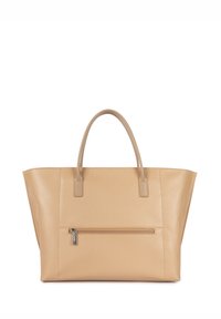 Sac fourre-tout en cuir beige avec deux anses supérieures, forme rectangulaire, poche zippée à l'avant et texture lisse.