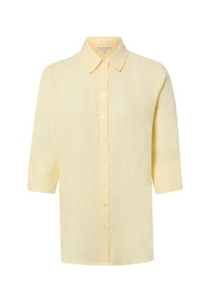 Hellgelbes Hemd mit Knopfleiste, dreiviertel Ärmeln und klassischem Kragen, auf weißem Hintergrund dargestellt.