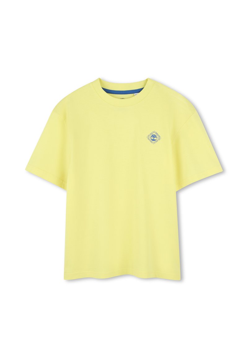 Geel katoen t-shirt met een ronde hals en korte mouwen. Bevat een blauw diamantlogo op de linkerborst. Een gladde textuur.