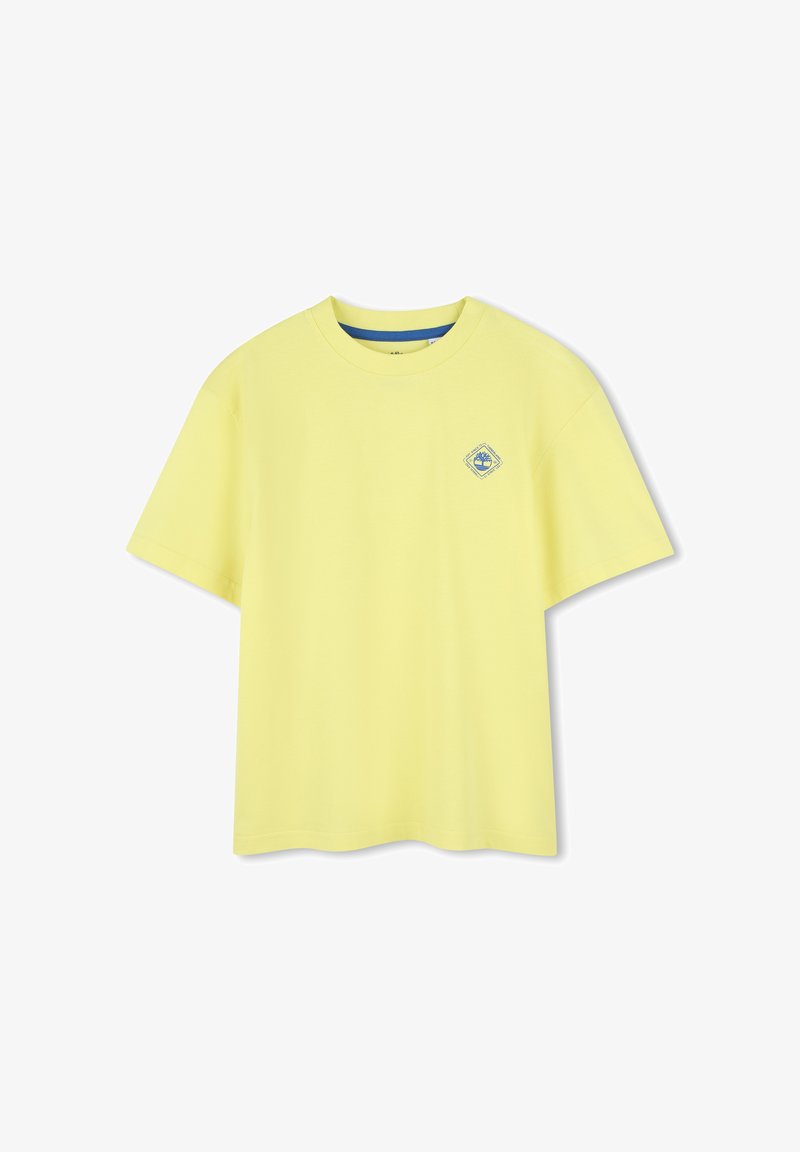 Geel katoen t-shirt met een ronde hals en korte mouwen. Bevat een blauw diamantlogo op de linkerborst. Een gladde textuur.