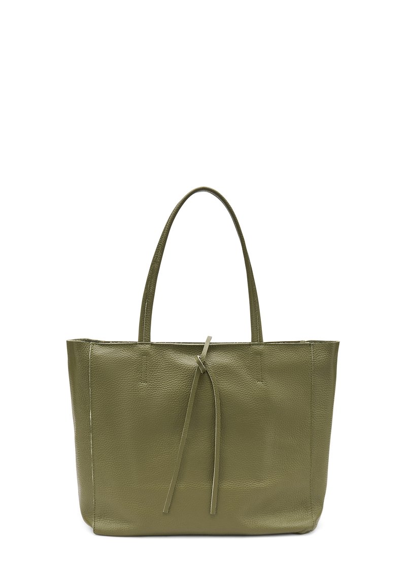 Borsa a spalla in pelle verde oliva con due manici lunghi, forma strutturata, superficie liscia e un dettaglio decorativo a fiocco sul davanti.