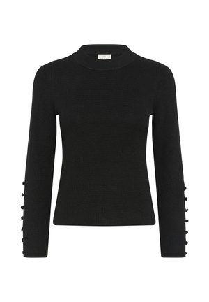 Maglione nero a costine con collo alto e maniche lunghe. Le maniche presentano dettagli con bottoni lungo i lati. Tessuto lavorato a maglia.
