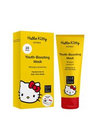 Confezione della maschera giovanile Hello Kitty; scatola gialla brillante con 20 maschere, con un gatto dei cartoni animati, e un tubo abbinato con dettagli rossi.