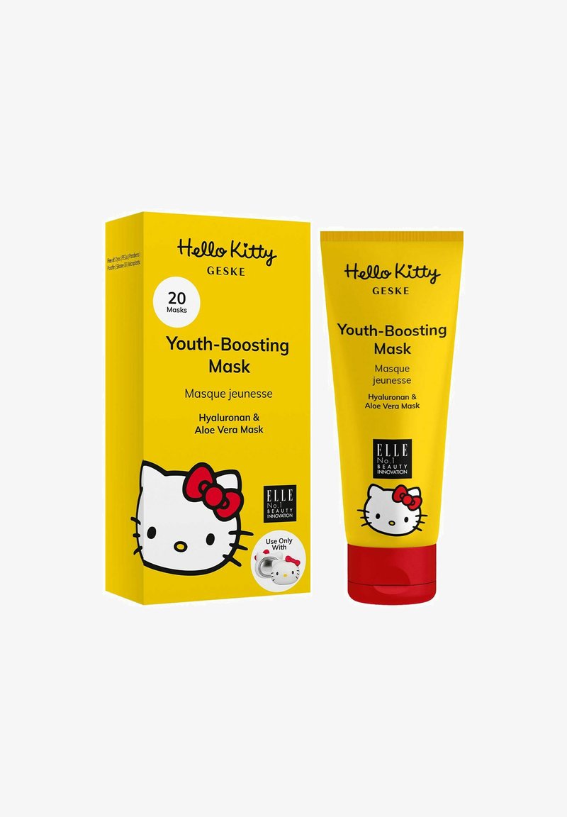 Hello Kitty ungdomsbooster maske emballage; klar gul kasse med 20 masker, præget af en tegnet kat, og et matchende rør med røde accenter.