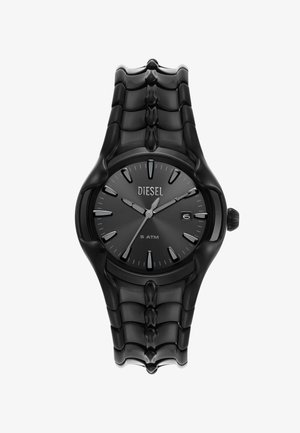 Montre-bracelet Diesel noire avec bracelet en métal lié, cadran rond, index argentés, affichage de la date et résistance à l'eau indiquée 5 ATM.