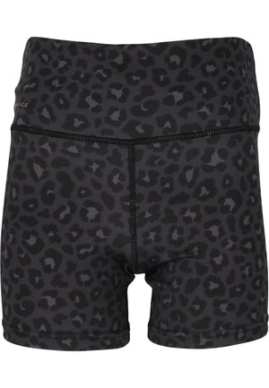 Shorts noirs avec un motif léopard, fabriqués en tissu extensible, dotés d'une taille large et de coutures à plat pour plus de confort.