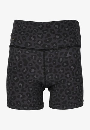 Svarta shorts med ett leopardmönster, tillverkade av stretchigt material, med ett brett midjeband och flatlocksömmar för komfort.