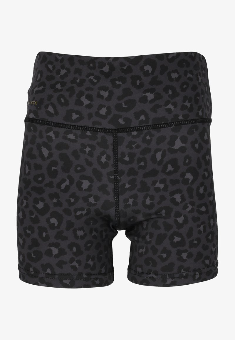 Svarta shorts med ett leopardmönster, tillverkade av stretchigt material, med ett brett midjeband och flatlocksömmar för komfort.