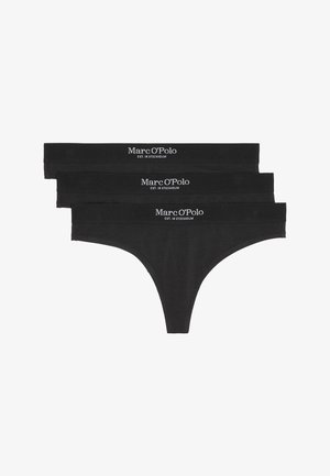 Black cotton thong underwear set of three with branded elastic waistband featuring "Marc O'Polo EST. IN STOCKHOLM" logo.