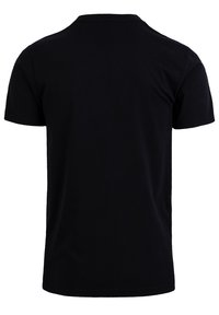 Black cotton t-shirt with short sleeves, round neck, and plain design. Smooth texture with no patterns or accents visible.