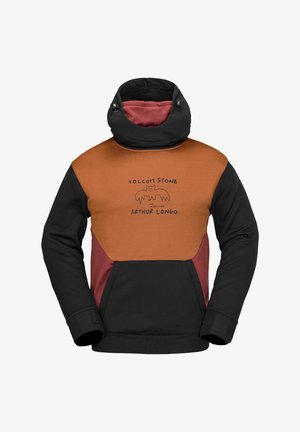 Hoofdsweater met een textuur in een oranje, zwart en bordeaux kleurblok ontwerp. Voorzien van een voorprint van een vleermuislogo en een verstelbare hals.