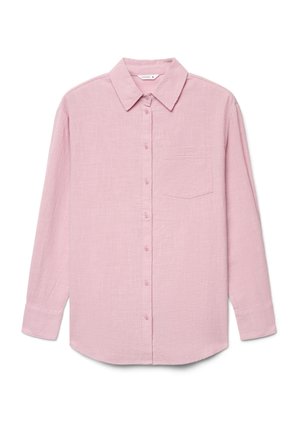 Camicia rosa a maniche lunghe con abbottonatura frontale, collo classico, tessuto strutturato e una tasca sul petto sul lato sinistro.