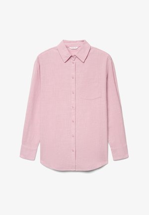 Camicia rosa a maniche lunghe con abbottonatura frontale, collo classico, tessuto strutturato e una tasca sul petto sul lato sinistro.
