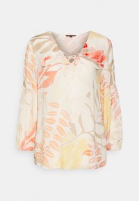 Kwiatowa bluzka z rękawami 3/4, lekki materiał, w delikatnych odcieniach kremu, brzoskwini i żółci; posiada detal w postaci wiązania przy dekolcie.