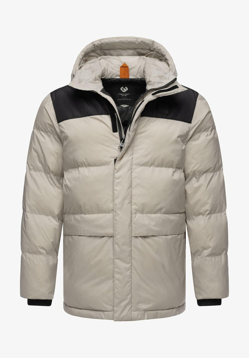 Giacca puffer grigia chiara con un pannello superiore nero, chiusura con zip, due grandi tasche frontali e un cappuccio regolabile con un accento arancione.