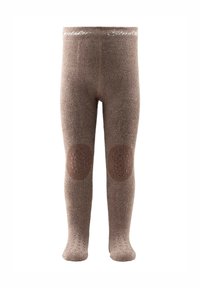 Brown knitted tights with textured knee patches and foot grips. Features a soft waistband with white branding. Smooth texture throughout.