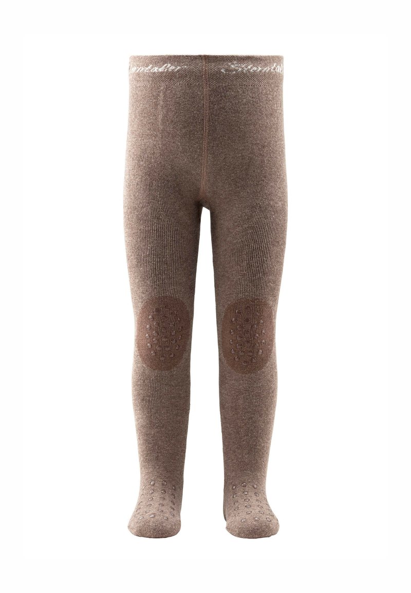 Brown knitted tights with textured knee patches and foot grips. Features a soft waistband with white branding. Smooth texture throughout.
