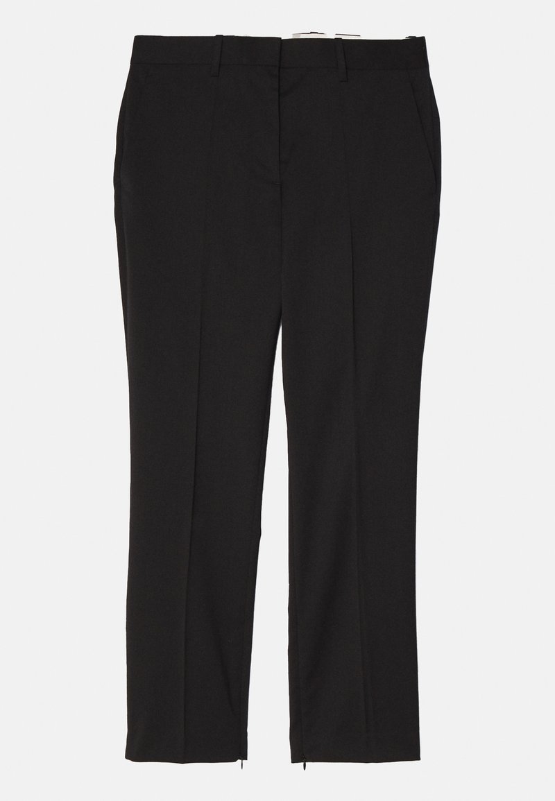 Black tailored trousers with a straight design, featuring two front pockets and zippers at the ankles for adjustable fit. Smooth texture.