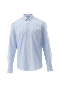Camicia a maniche lunghe a righe blu chiaro in cotone, con colletto button-down, taschino frontale e bottoni bianchi lungo la patta.