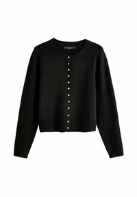 Schwarzer Cardigan aus weichem Material mit langen Ärmeln, rundem Ausschnitt und herzförmigen goldenen Knöpfen an der Front.