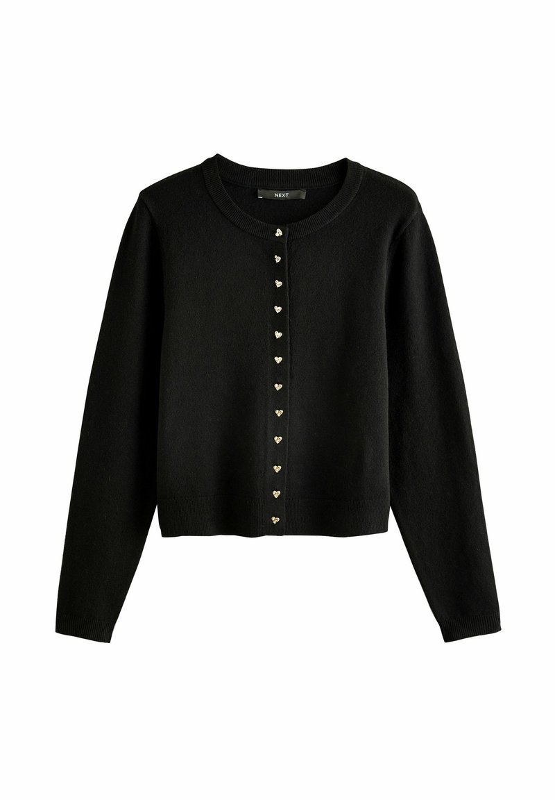 Schwarzer Cardigan aus weichem Material mit langen Ärmeln, rundem Ausschnitt und herzförmigen goldenen Knöpfen an der Front.