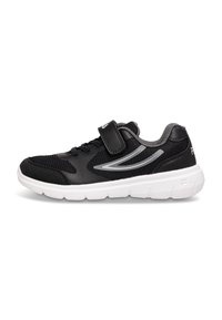 Scarpa sportiva nera con parte superiore in mesh, fascia in velcro, dettagli grigi e suola in gomma bianca testurizzata. Design leggero per il comfort.