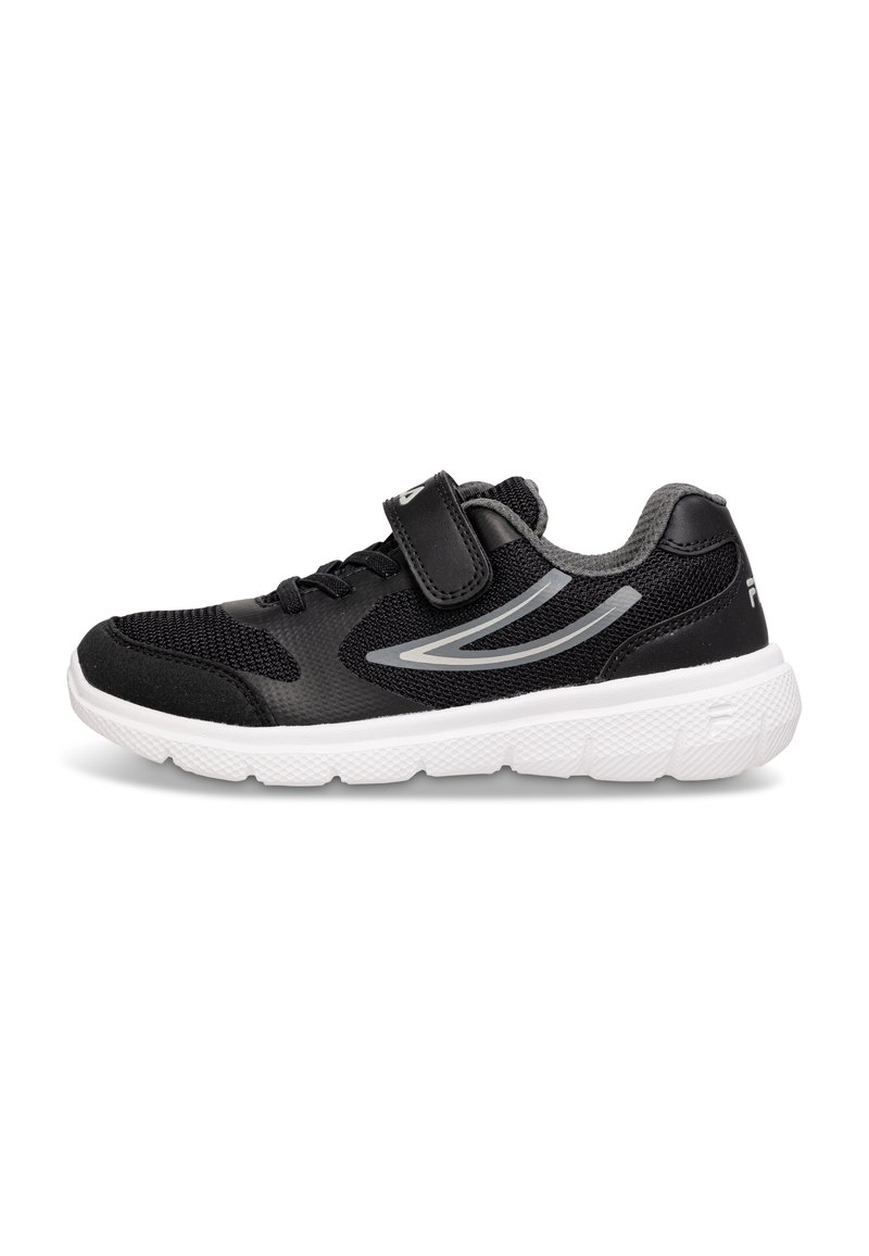 Scarpa sportiva nera con parte superiore in mesh, fascia in velcro, dettagli grigi e suola in gomma bianca testurizzata. Design leggero per il comfort.
