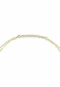 Halskette in Gold-Optik mit einer Mischung aus Kettenstilen, einschließlich Gliedern und einer feinen Kette, mit einem Karabinerverschluss und verstellbarer Länge.