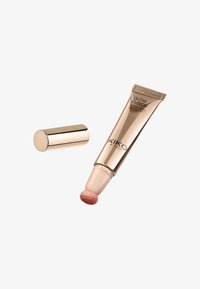 KIKO Milano Glow Fusion Cream Highlighter-rør med rosaguld låg, vinklet applikatorspids og skinnende pink produkt på svampen.