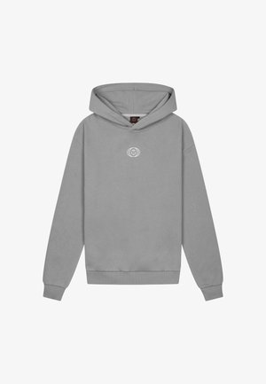 Sweat à capuche gris avec un petit logo rond blanc centré sur la poitrine et des poignets et un ourlet côtelés.