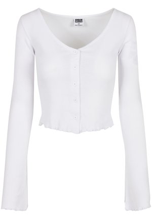 Witte geribde cropped longsleeve met knopen aan de voorkant en een brede V-hals.
